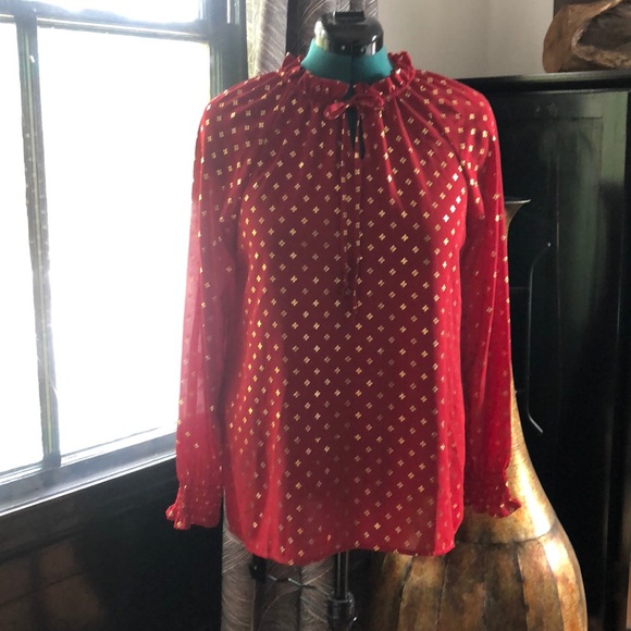 Time and Tru Red & Gold Dress Blouse w/ Ruched collar and Smocked Sleeve Cuffs - Picture 2 of 13
